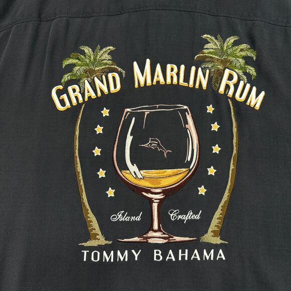 Tommy Bahama Shirt 'Grand Marlin Rum' Silk Mens L Black Tropical Island Bar Top - Picture 4 of 9